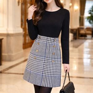 DKNY BUTTON-TRIM PLAID SKIRT SHEATH MINI DRESS